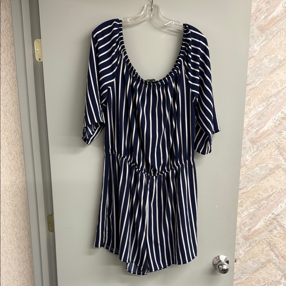 Ambiance Blue and White Striped romper shorts with Elastic Waist